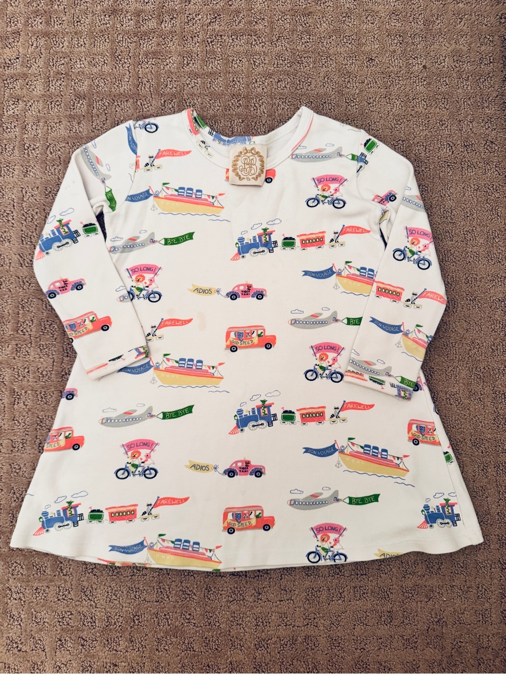 The Beaufort Bonnet Company long-sleeve Polly Play dress in the "Happy Travels"